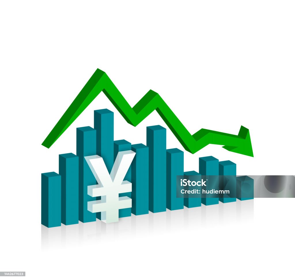 Bar graph with Chinees Yuan symbo isolated on white background Chinees Yuan Symbol And Moving Down Graph. Finance, Economy and Losing Money Concept. Analyzing Stock Photo