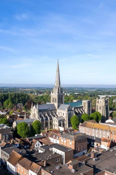 Aerial view of Chichester Cathedral Aerial view of Chichester Cathedral, UK chichester stock pictures, royalty-free photos & images