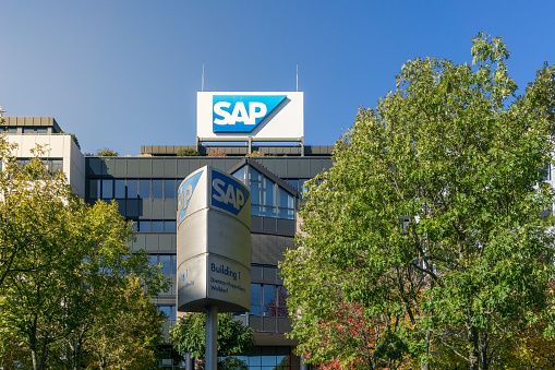 Walldorf, Germany – October 24, 2021: The SAP Headquarter in Germany, Walldorf. Firmensitz der SAP in Walldorf mit Blick auf das Firmenlogo
