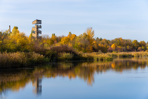 Poznan, Poland – October 24, 2021: A lake surrounded by trees and a wooden tower at Szachty park, Poland