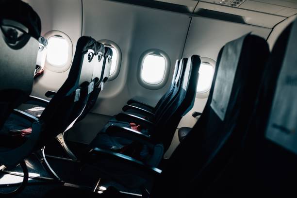 istock Sideview of economy class plane board with seats next to windows 1442681738