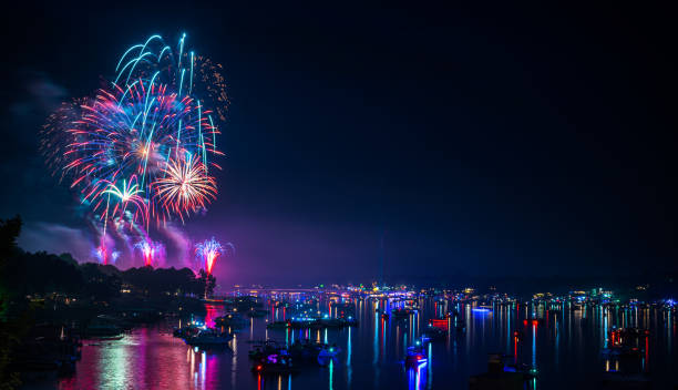 istock Beautiful firework from the sea with illuminated boat 1442683385