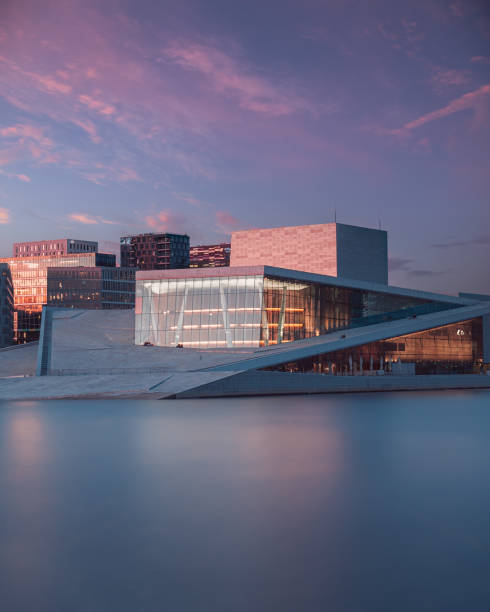 Oslo, Norway – October 26, 2021: The National Opera House in Oslo, Norway at sunset