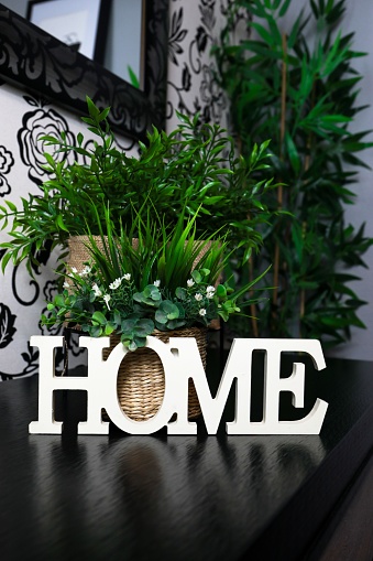 A vertical shot of a wooden decoration with the word HOME placed on a shelf next to plants