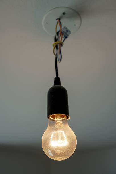 istock Vertical closeup of a light bulb hanging on a ceiling at home 1442686186