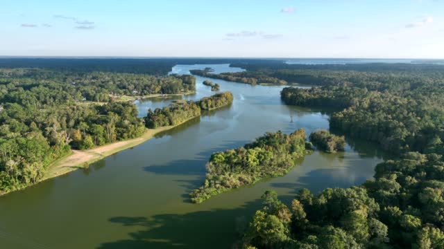 Aerial view of the lush green East End Park and Lake Houston in Kingwood,TX