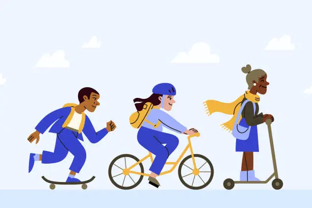 Vector illustration of Three People of Color Commute Using Skateboard, Bicycle and Electric Scooter