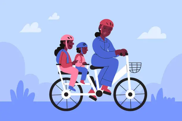 Vector illustration of A Young Black Mother Rides E-Bike With Her Two Kids As Commute