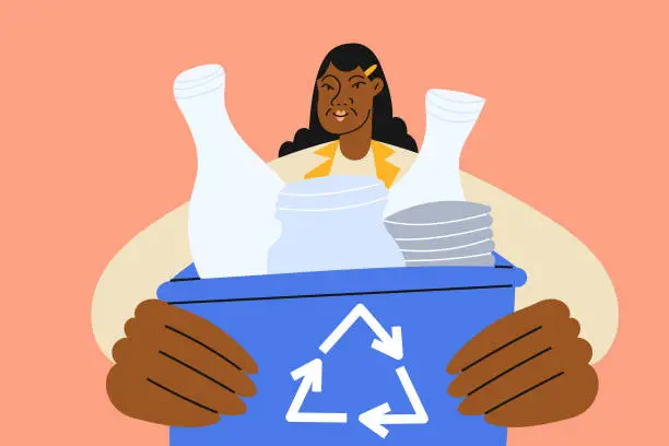 Vector illustration of A Stylish Young Woman Holds Bottles, Jar and Can in Recycling Bin