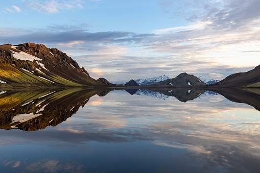 A panoramic mirroring view of the lake Alftavatn on the Laugavegur trail in Iceland