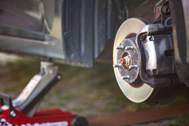 istock Close up on a disk brake of a modern car 1442689888