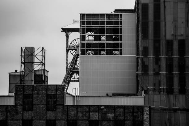 Mine Shaft structure in Asturias, known for being a rich coal region in the north of Spain.  Black and white picture. Shot with Canon EOS 5D