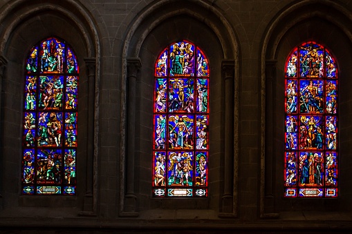 Painted stained glasses windows inside the Lausanne Cathedral, Switzerland