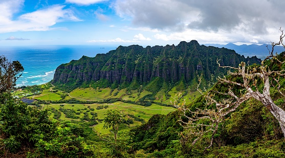 Magnificent view of the valley and Mountain Range at Kualoa Ranch in Oahu, Hawaii where Jurassic Park was filmed