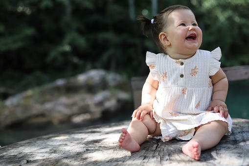 A shallow focus shot of a cute baby girl sitting on the trunk with trees and a river in the back