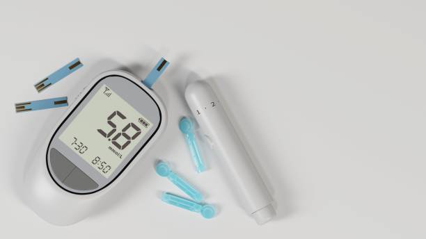 istock Domestic blood glucose meter and blood sampling needle with medical theme 1442692729