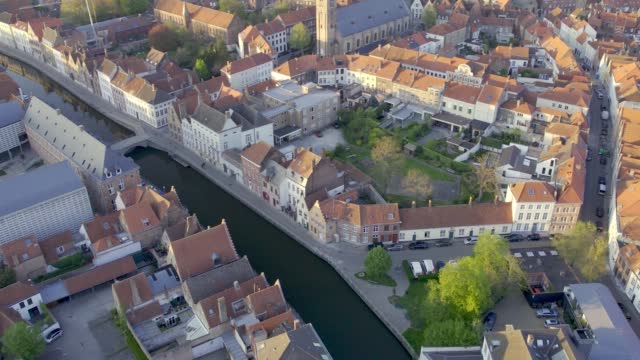 Beautiful aerial view of the river flowing through beautiful Brugge, Belgium