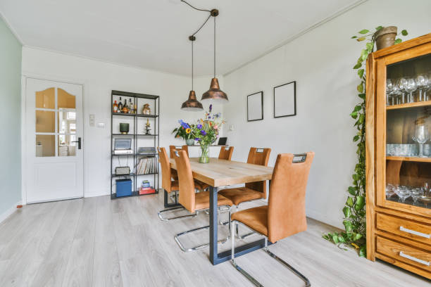 istock Cozy dining room with modern brown furniture and decorative elements 1442693297