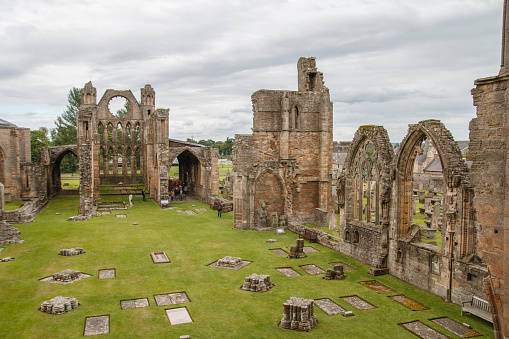 Stone ruins from a church built in 1730 sit in an ancient cemetery, Wigtown, Scotland, UK, Europe