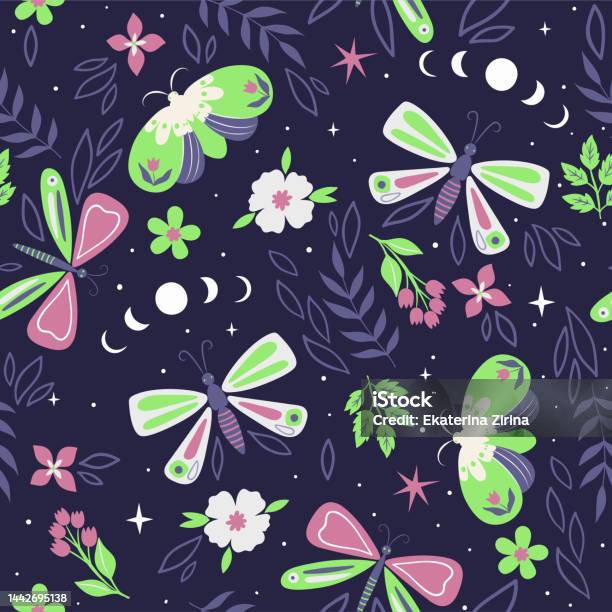 Vector Pattern Night Seamless Pattern With Night Butterflies And Flowersvector Graphics ...