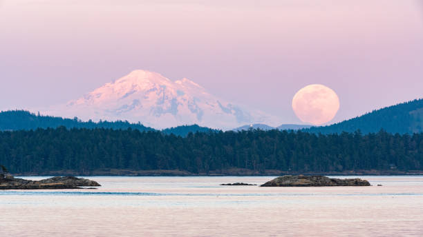 Supermoon over Mount Baker in Washington state taken from Sidney, BC Canada (on Vancouver Island) A serene view ofSupermoon over Mount Baker in Washington state taken from Sidney, BC Canada (on Vancouver Island) mt baker stock pictures, royalty-free photos & images