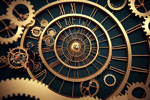 Infinity time spiral in space, antique surreal old clock with cogs and mechanism, abstract fractal spiral 3d illustration, time travel concept