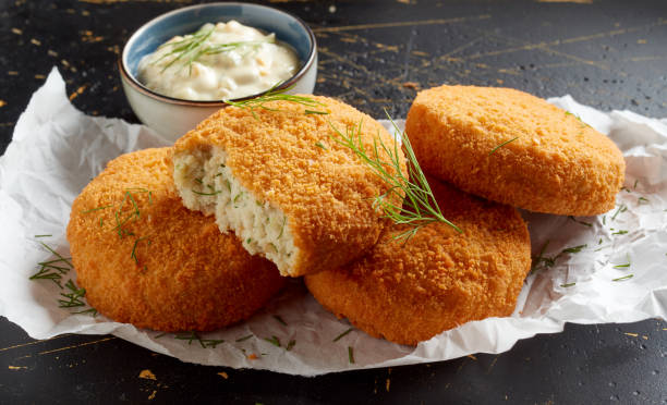 Closeup of delicious haddock fishcake on a table