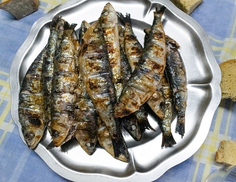 Grilled sardines on a metal platter. Seafood