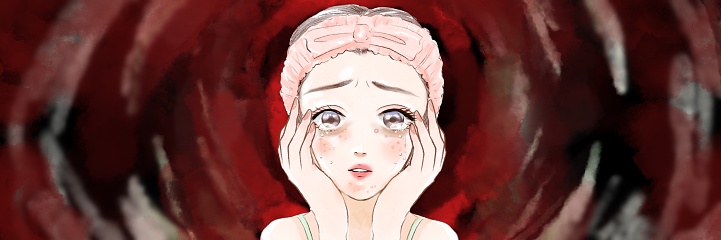 Wide size color cartoon illustration of upper body of adolescent woman in despair over red abscessed pimples