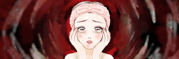 Wide size color cartoon illustration of upper body of adolescent woman in despair over red abscessed pimples Wide size color cartoon illustration of upper body of adolescent woman in despair over red abscessed pimples acne-cartoon stock illustrations