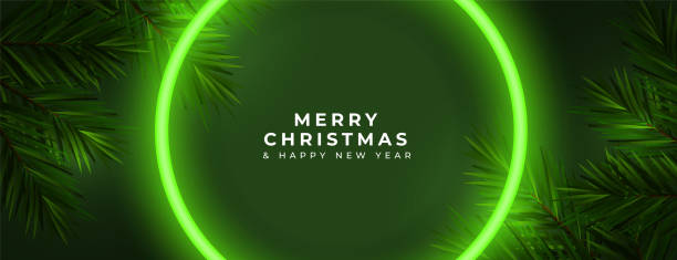 istock neon style merry chirstmas holiday banner with fir branches 1442702620