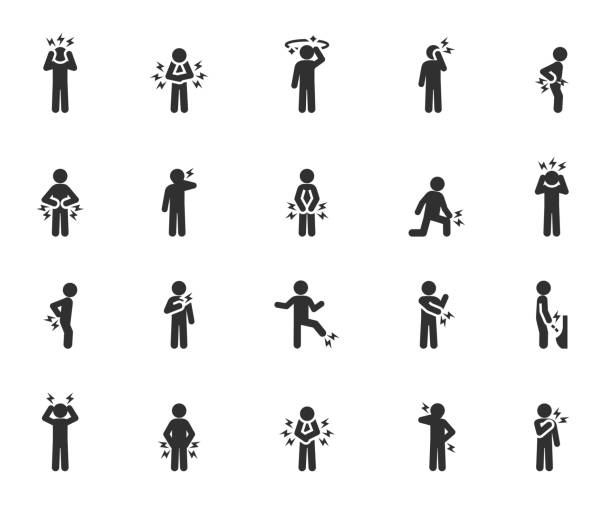 Vector set of body pain flat icons. Contains icons pain in, muscle, back, neck, knee, headache, dizziness, toothache, heartache and more. Pixel perfect. Vector set of body pain flat icons. Contains icons pain in, muscle, back, neck, knee, headache, dizziness, toothache, heartache and more. Pixel perfect. stomach ache illustrations stock illustrations