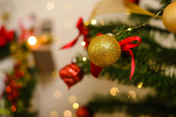 istock Spheres and other decorative elements of a Christmas tree. Artificial Christmas tree. 1442704611