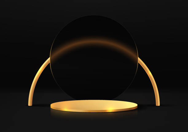 istock Abstract dark 3D background with realistic gold cylinder pedestal podium, gold arch and round backdrop. Minimal wall scene mockup product display. Geometric forms design. Black friday stage showcase. 1442704829