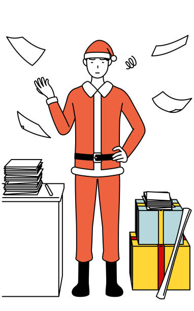 Simple line drawing illustration of a man dressed as Santa Claus who is fed up with his unorganized business. Simple line drawing illustration of a man dressed as Santa Claus who is fed up with his unorganized business. christmas chaos stock illustrations
