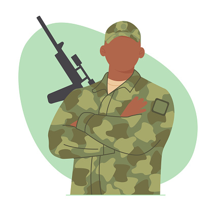 Man in military clothes on a green background with a weapon. Young man in an army soldier's suit. Vector illustration