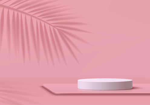 Abstract 3D pink room background with realistic white cylinder pedestal podium, Palm leaf shadow overlay. Minimal wall scene for mockup product display. Geometric forms design. Summer stage showcase.
