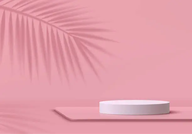 Vector illustration of Abstract 3D pink room background with realistic white cylinder pedestal podium, Palm leaf shadow overlay. Minimal wall scene for mockup product display. Geometric forms design. Summer stage showcase.