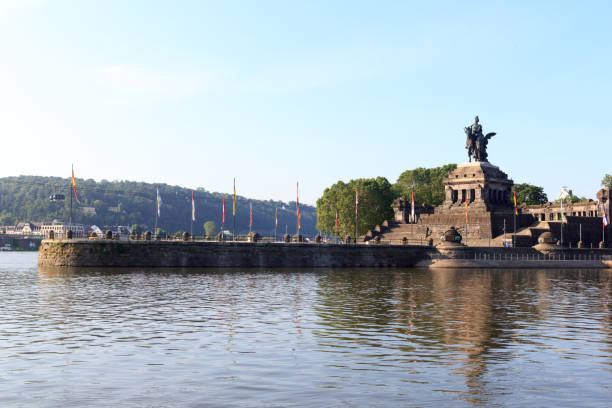 Deutsches Eck (German Corner) between Rhine and Moselle river with Emperor William monument statue in Koblenz, Germany