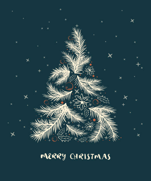 ilustrações de stock, clip art, desenhos animados e ícones de christmas card with light fir branches in illustration - christmas tree snow fir tree isolated