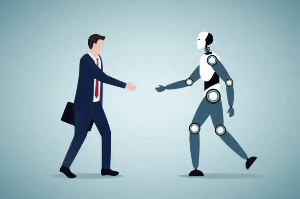 Vector illustration of Businessman and a robot shaking hands
