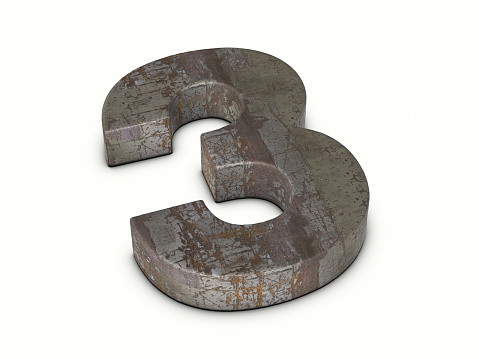 Rusty metal number three on a white background. 3d illustration.