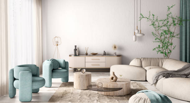 moderne inneneinrichtung der gemütlichen wohnung, wohnzimmer mit beigem sofa, türkisfarbene sessel. zimmer mit fenster. 3d-rendering - living room blue sofa carpet stock-fotos und bilder