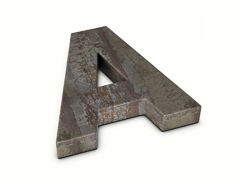 Rusty metal letter A on a white background. 3d illustration.