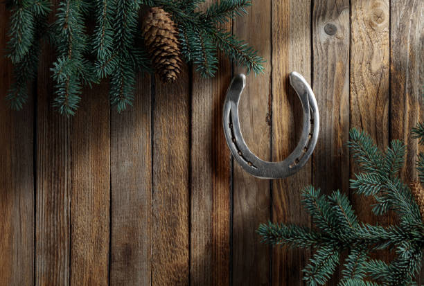 Horseshoe and spruce branches. Old wooden background. Copy space.