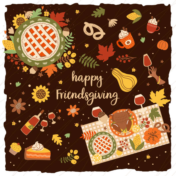 Thanksgiving table setting with food, pumpkin pie, fall leaves wine, text Happy Friendsgiving. Cute Thanksgiving Day festival poster invitation, card, banner hand drawn vector illustration vector art illustration
