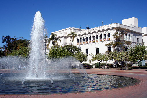 A building and fountain. Photo from Balboa Park, San Diego, California.