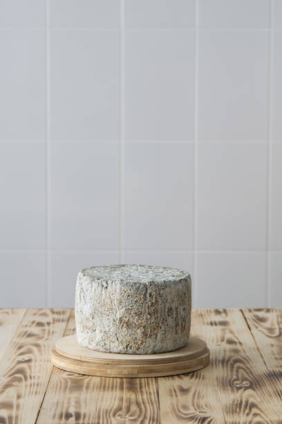 forma di formaggio blu rotonda intera su tagliere di legno su sfondo chiaro, messa a fuoco selettiva - cheese gorgonzola blue animal vein foto e immagini stock