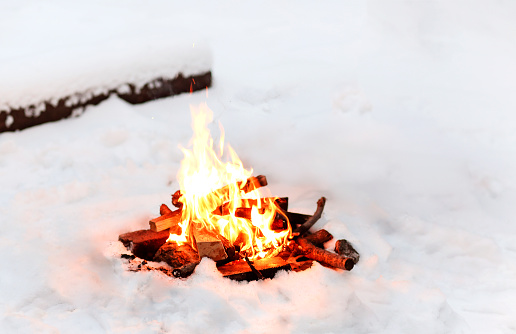 Bright bonfire burning on snowy ground near logs in winter evening in woods