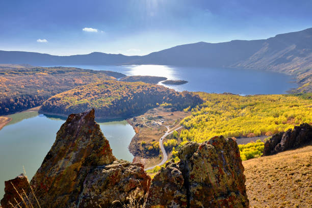 istock crater lakes behind volcanic rocks at sunset 1442725242